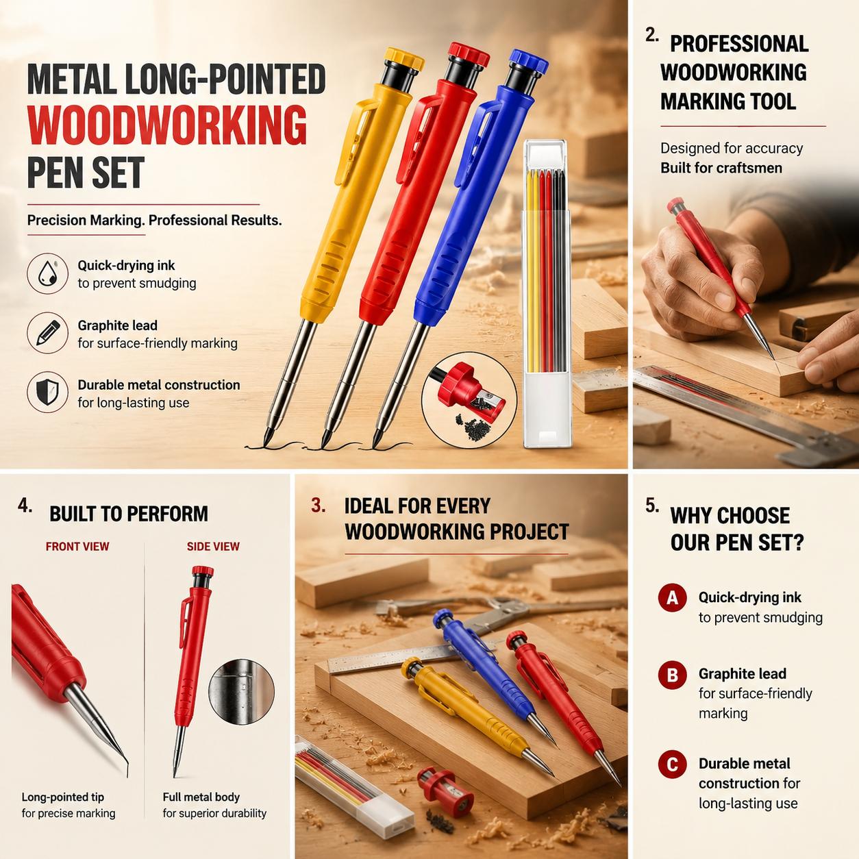 Workshop Tools Engineering - قلم رصاص معدني احترافي طويل الطرف